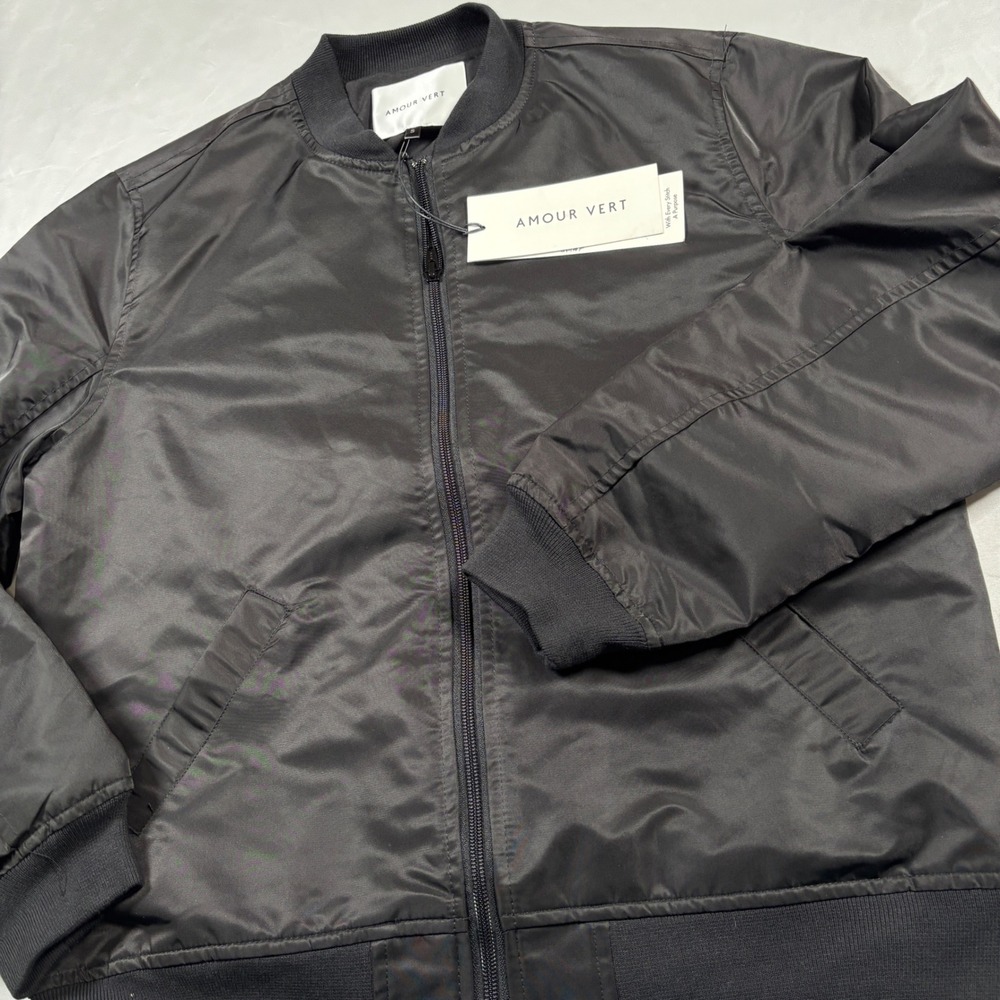 Amour Vert Bomber‎ Jacket Womens S Black Satin Full Zip Ribbed Trim Made in USA